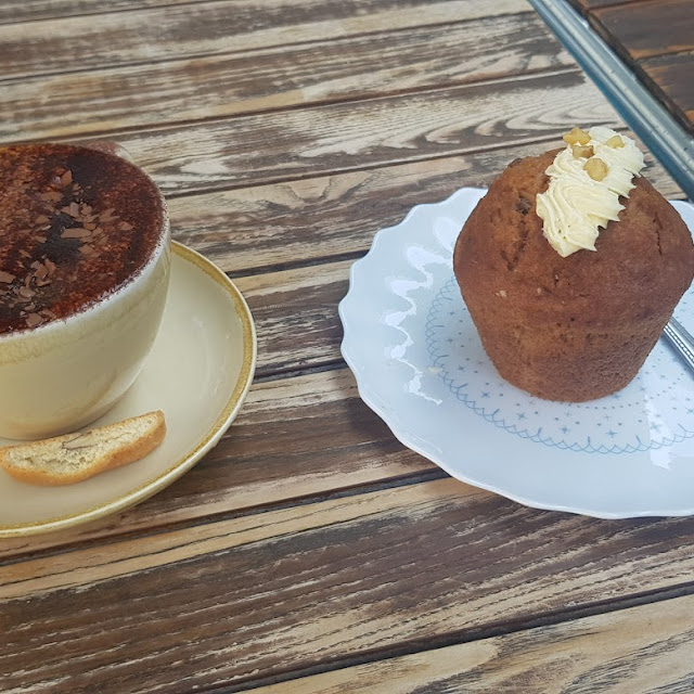 Cappuccino and Carrot and Walnut Muffin